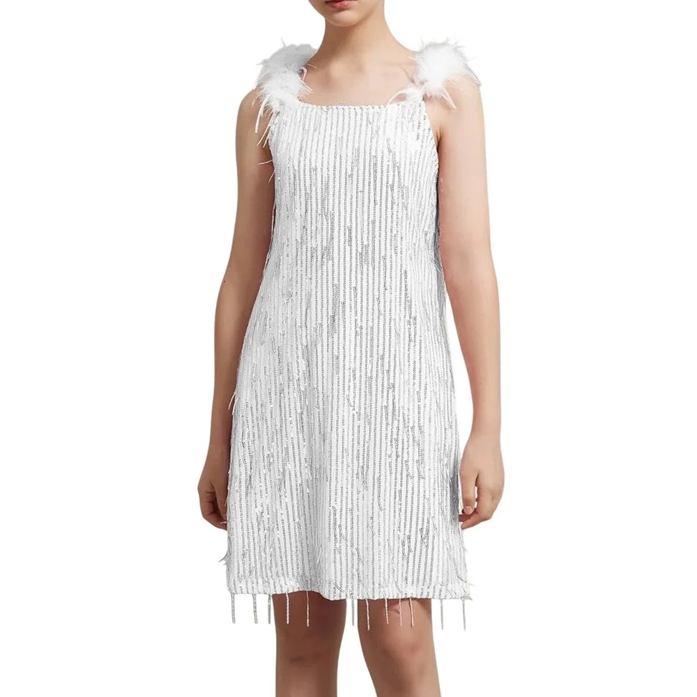 EXARUS Girls White Silver Sequin‎ Fringe Dress Feather Straps Size 14Y Hair Bow